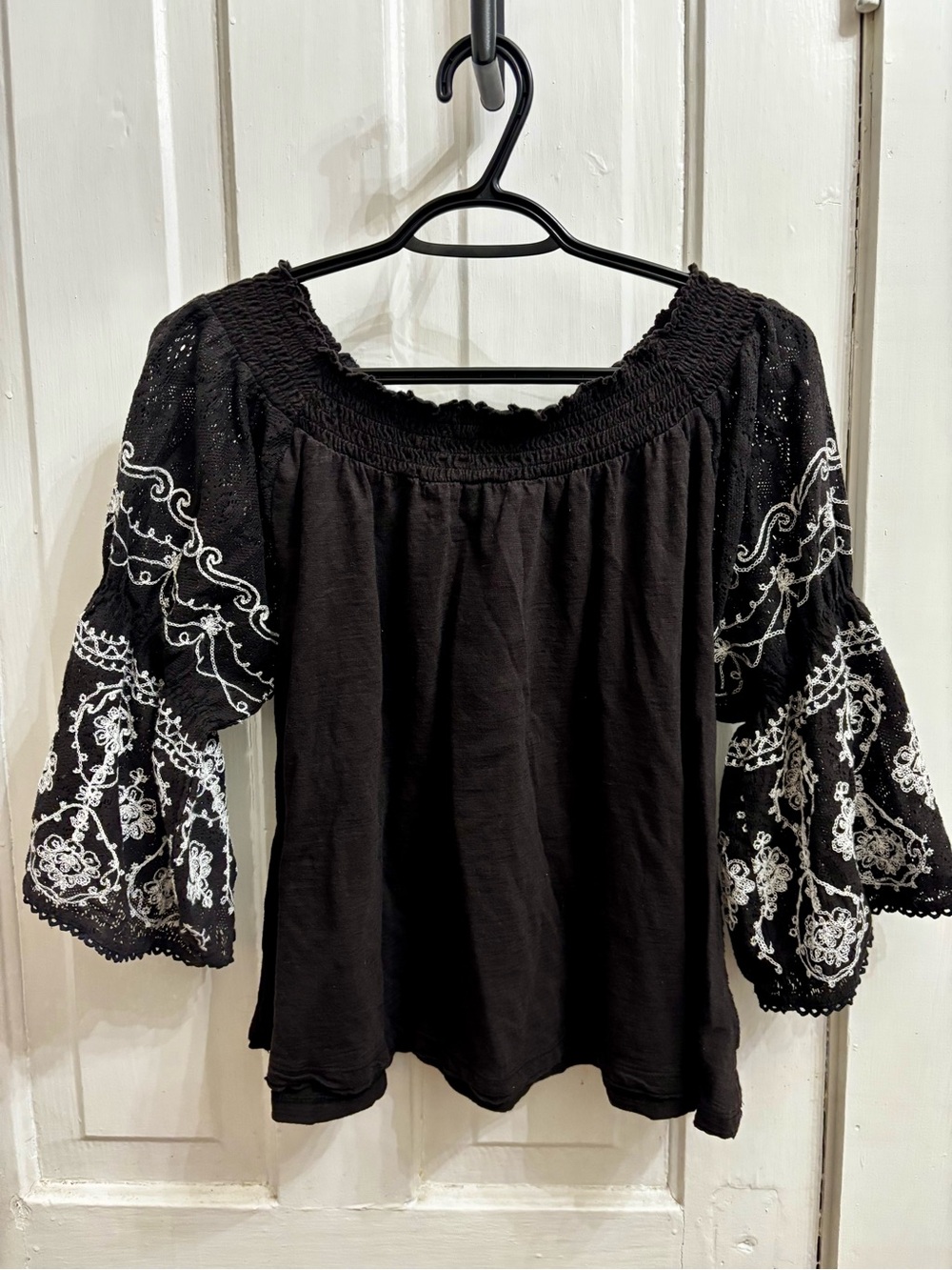 Free People Black Peasant Top with White Embroidered Bell Sleeves